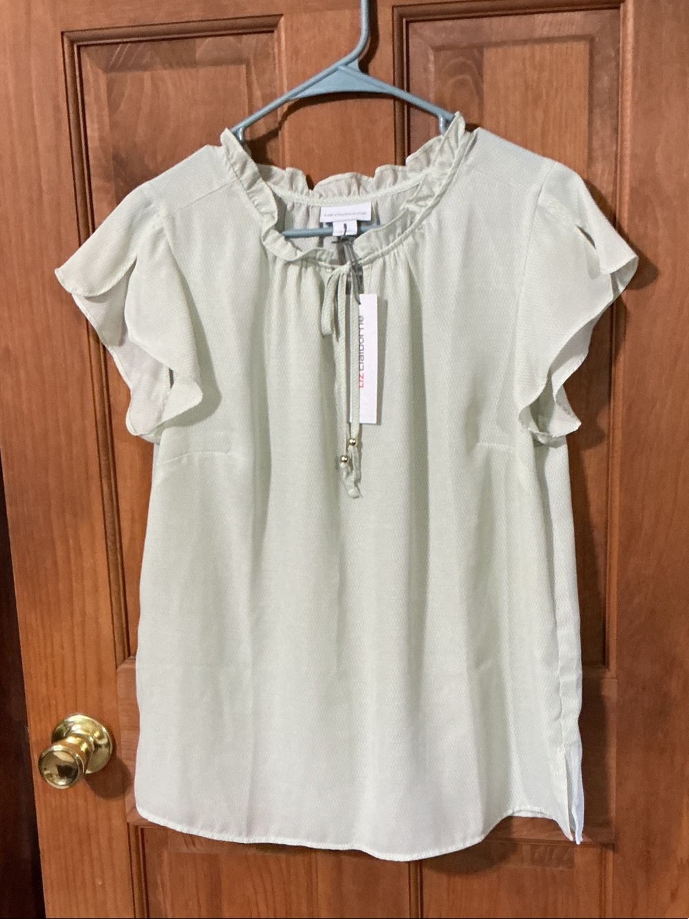 Liz Claiborne Pale Green Ruffle Sleeve Tie-Neck Blouse